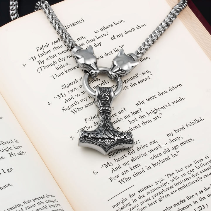 Mjolnir Thor's Hammer King Wolf Foxtail Necklace 316L Stainless Steel Viking