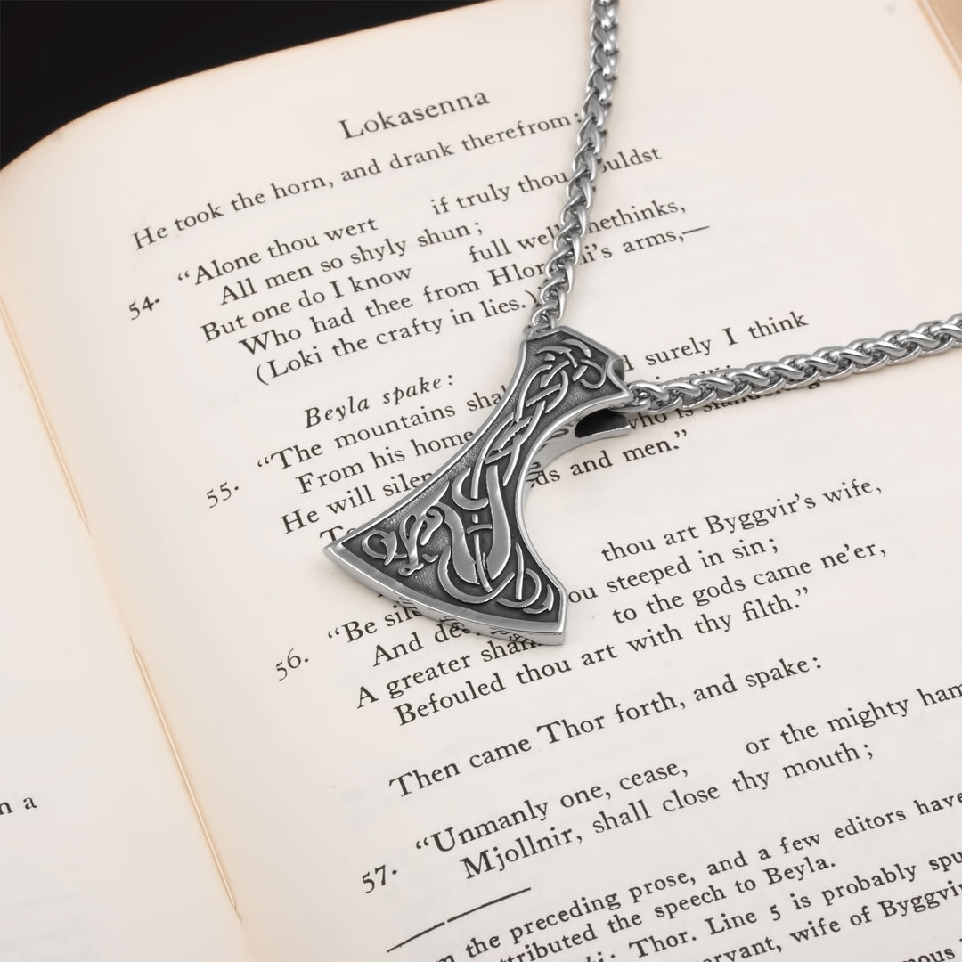 Axe Norse Dragon Pendant Necklace Stainless Steel Viking