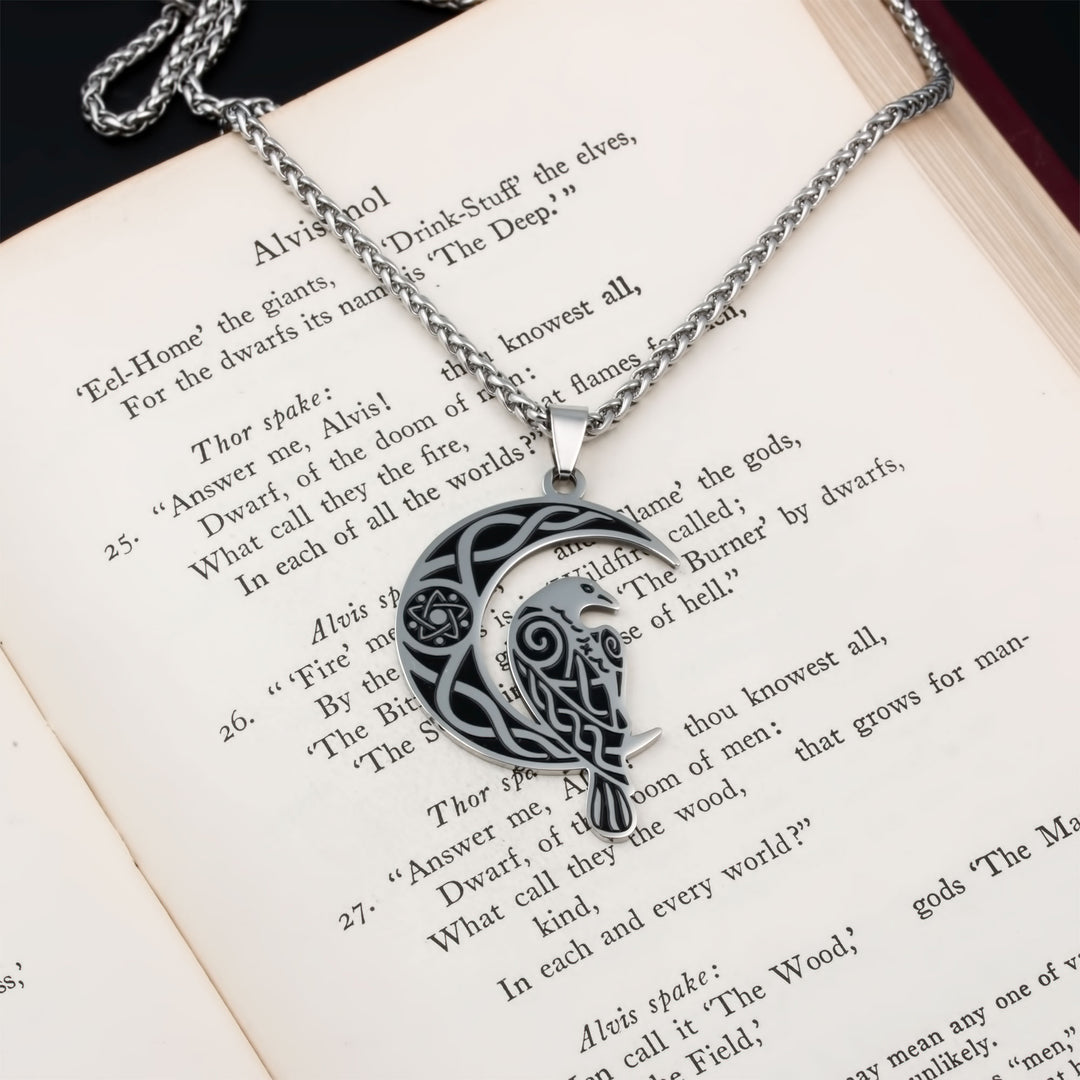 Raven Crescent Moon Pendant Necklace Stainless Steel Viking