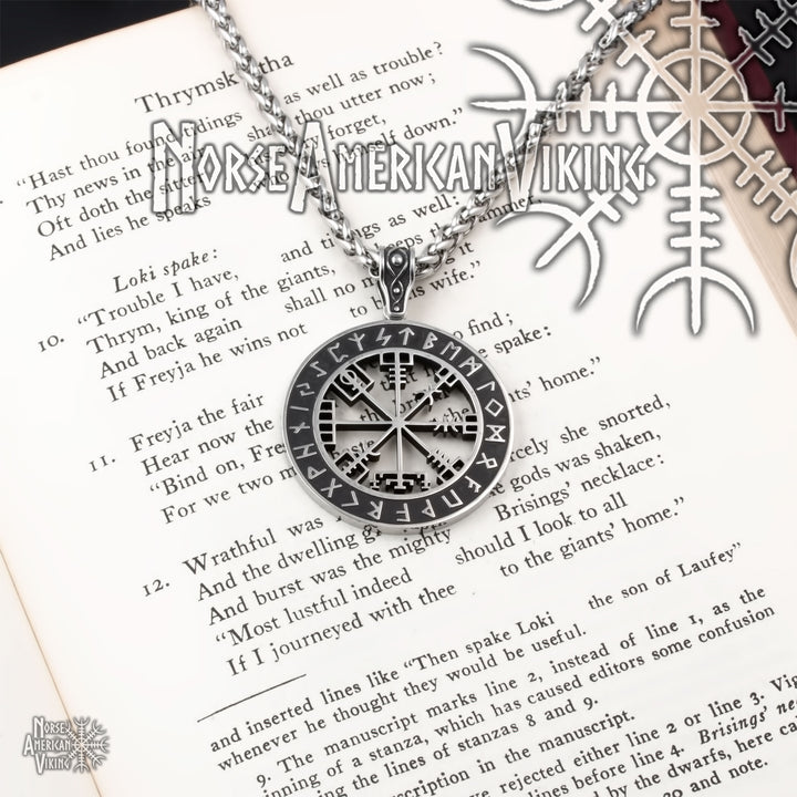 Viking Vegvisir Elder Futhark Rune Compass Stainless Steel Pendant Necklace