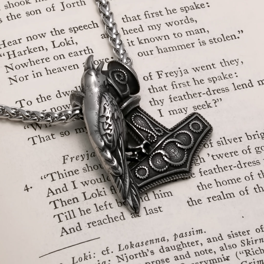 Viking Mjolnir Thor's Hammer Raven Stainless Steel Pendant Necklace