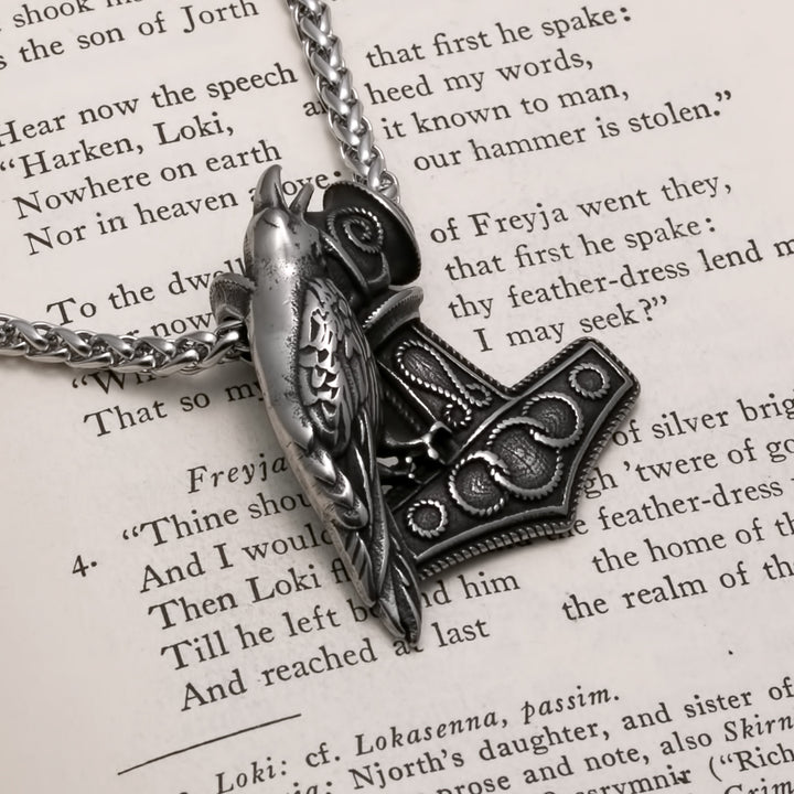 Viking Mjolnir Thor's Hammer Raven Stainless Steel Pendant Necklace