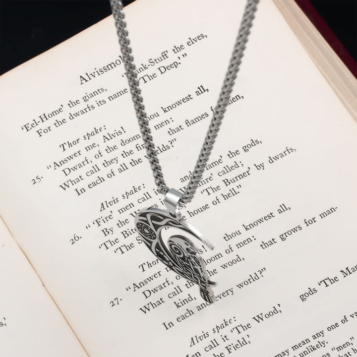 Raven Crescent Moon Pendant Necklace Stainless Steel Viking