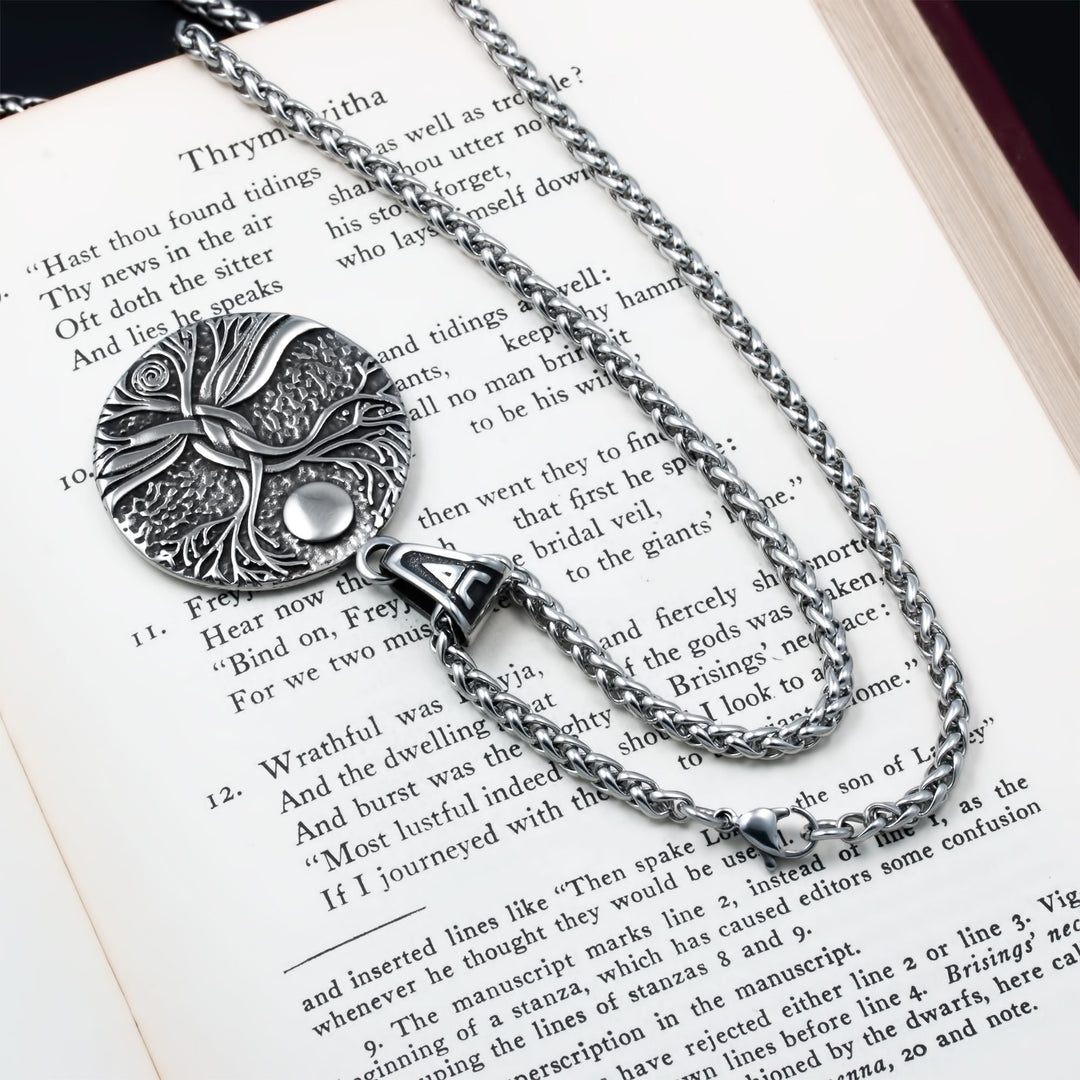 Yggdrasil World Ash Tree Moon Pendant Necklace Stainless Steel Viking