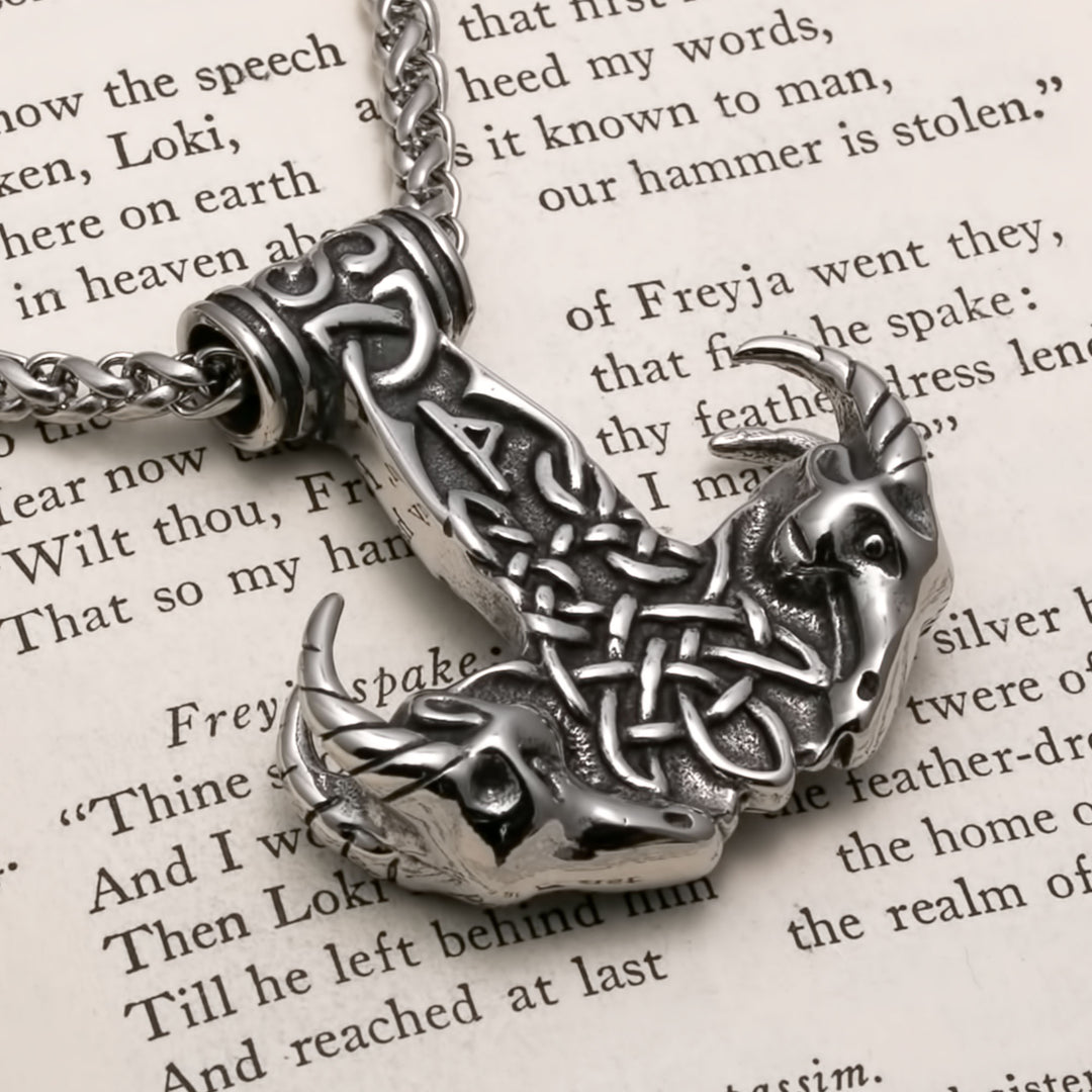 Viking Mjolnir Thor's Hammer Goat Head Stainless Steel Pendant Necklace