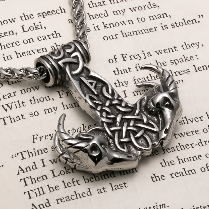Viking Mjolnir Thor's Hammer Goat Head Stainless Steel Pendant Necklace