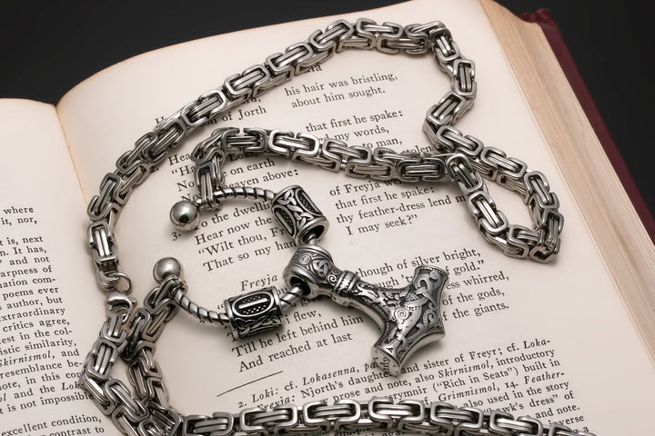 Viking Mjolnir Thor's Hammer King Rune Byzantine Necklace 316L Stainless Steel