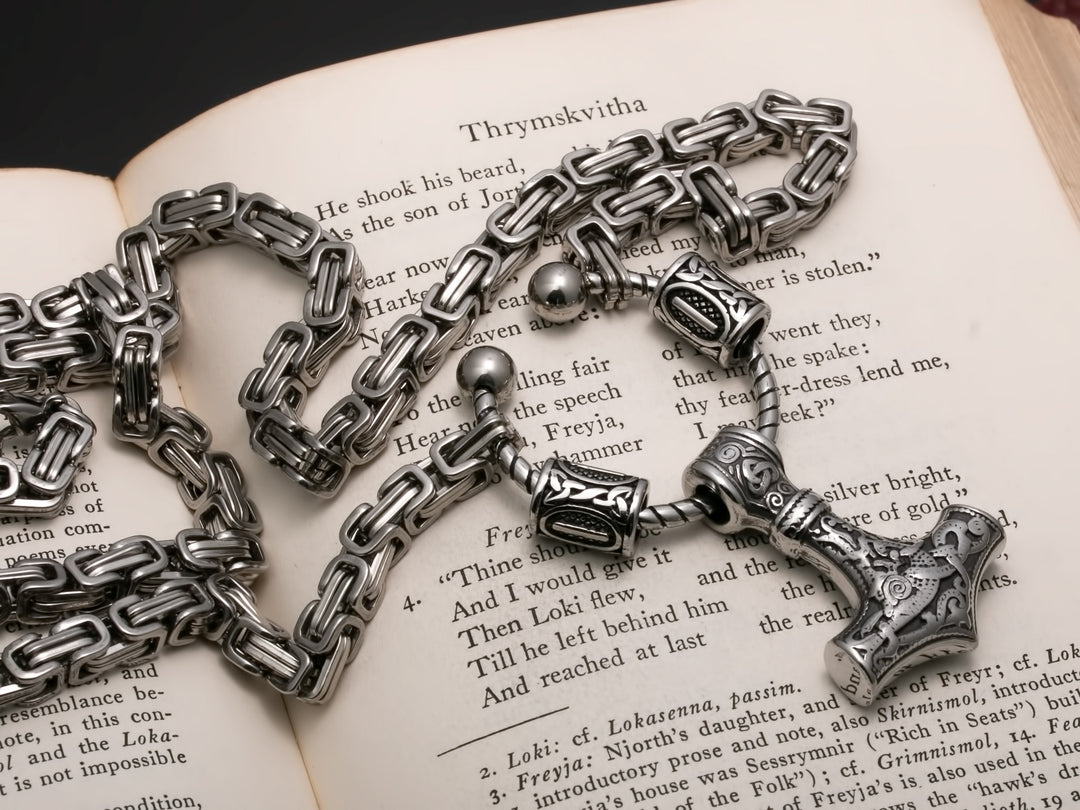 Viking Mjolnir Thor's Hammer King Rune Byzantine Necklace 316L Stainless Steel