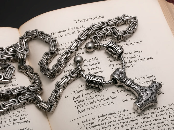 Viking Mjolnir Thor's Hammer King Rune Byzantine Necklace 316L Stainless Steel