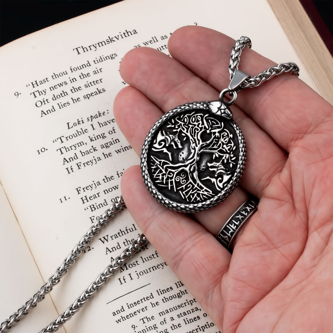 Yggdrasil World Ash Tree Wolf Pentagram Pendant Necklace Stainless Steel Viking