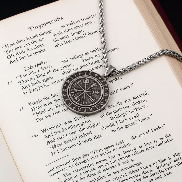 Vegvisir Elder Futhark Rune Spinner Pendant Necklace Stainless Steel Viking