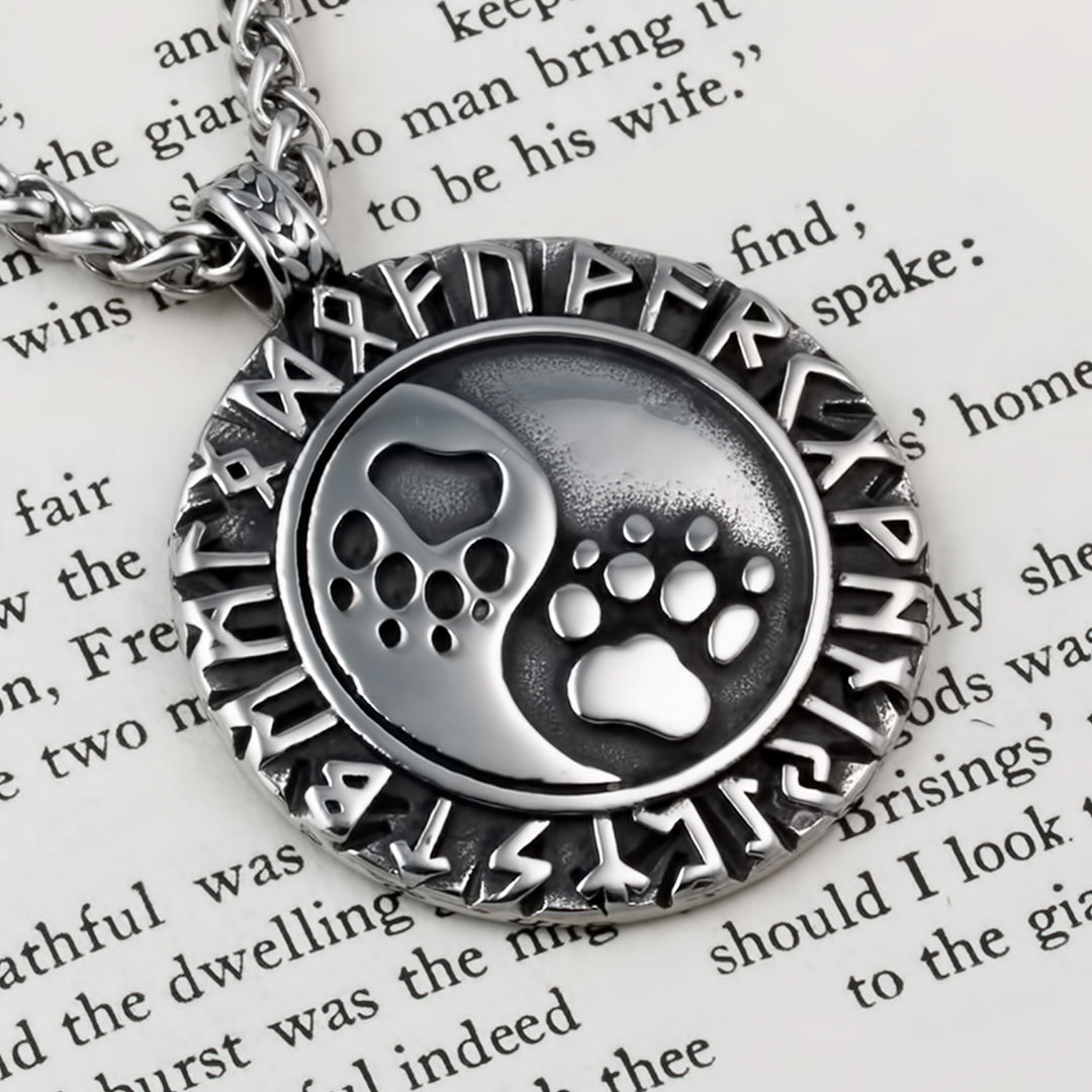 Wolf Print Rune Pendant Necklace Stainless Steel Viking