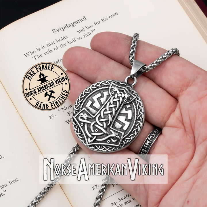 Viking Mjolnir Sowilo Rune Medallion Stainless Steel Pendant Necklace