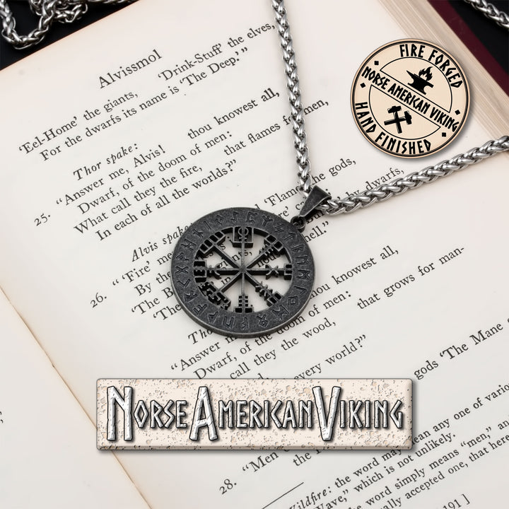 Viking Vegvisir Elder Futhark Rune Compass Stainless Steel Pendant Necklace