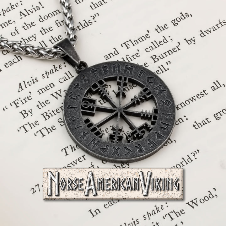 Viking Vegvisir Elder Futhark Rune Compass Stainless Steel Pendant Necklace