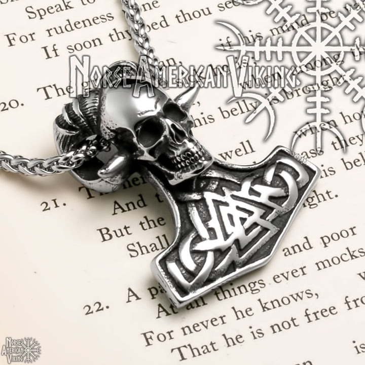 Viking Mjolnir Thor's Hammer Skull Valknut Stainless Steel Pendant Necklace