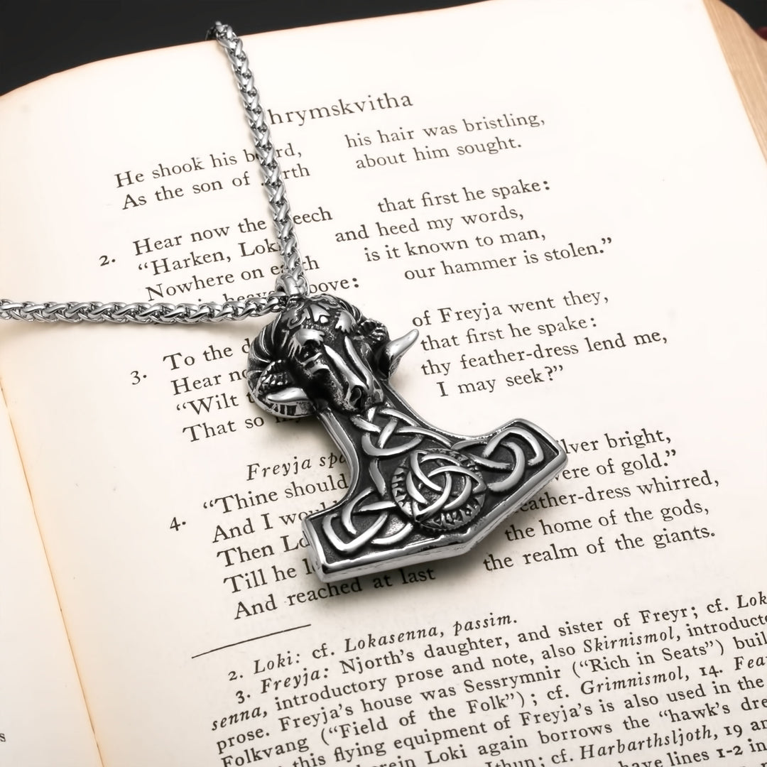 Viking Mjolnir Thor's Hammer Trinity Knot Goat Stainless Steel Pendant Necklace