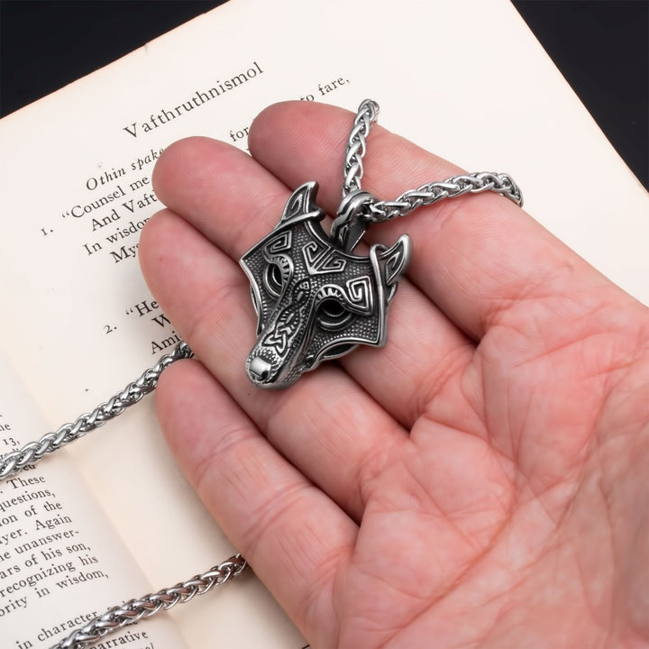 Fenrir Wolf Head Pendant Necklace Stainless Steel Viking