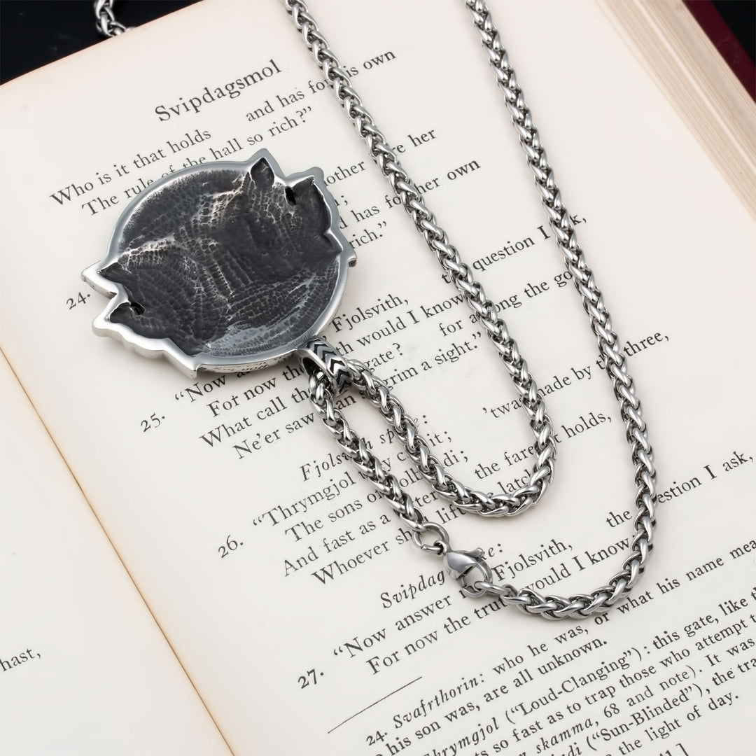 Geri and Freki Wolf Rune Pendant Necklace Stainless Steel Viking