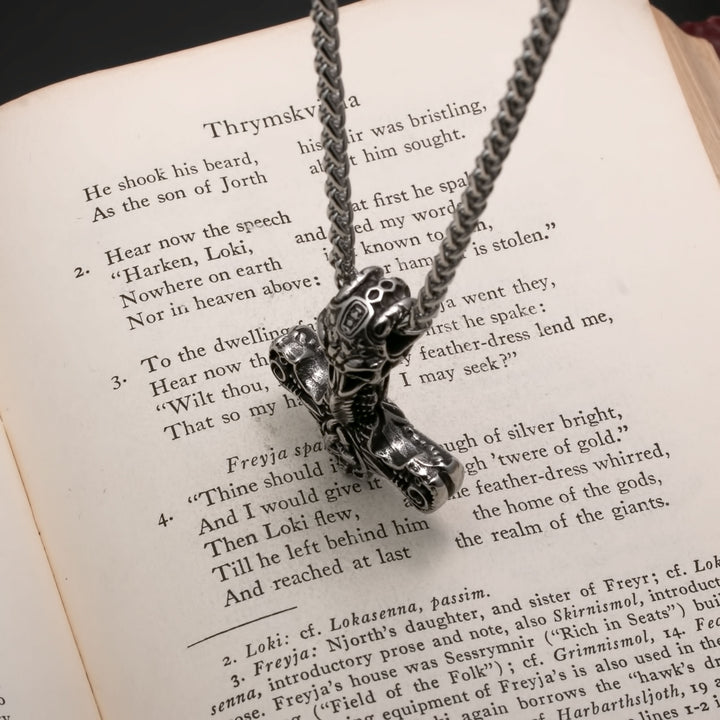 Viking Mjolnir Thor's Hammer Raven Skull Stainless Steel Pendant Necklace