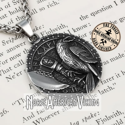 Viking Raven Axe Rune Stainless Steel Pendant Necklace