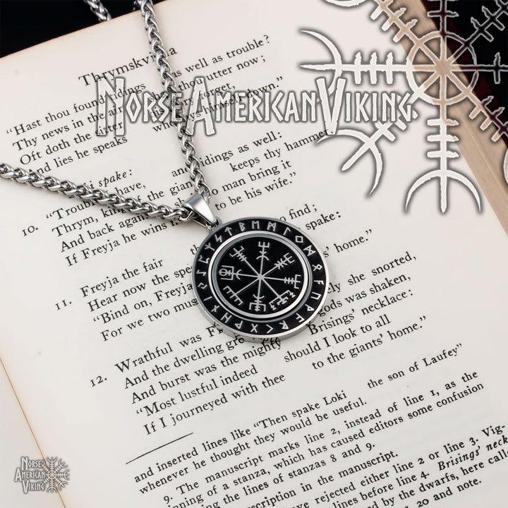 Viking Vegvisir Elder Futhark Rune Spinner Stainless Steel Pendant Necklace