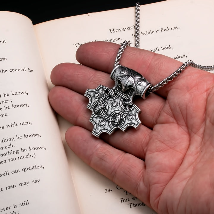 Viking Mjolnir Thor's Hammer Raven Cross Stainless Steel Pendant Necklace