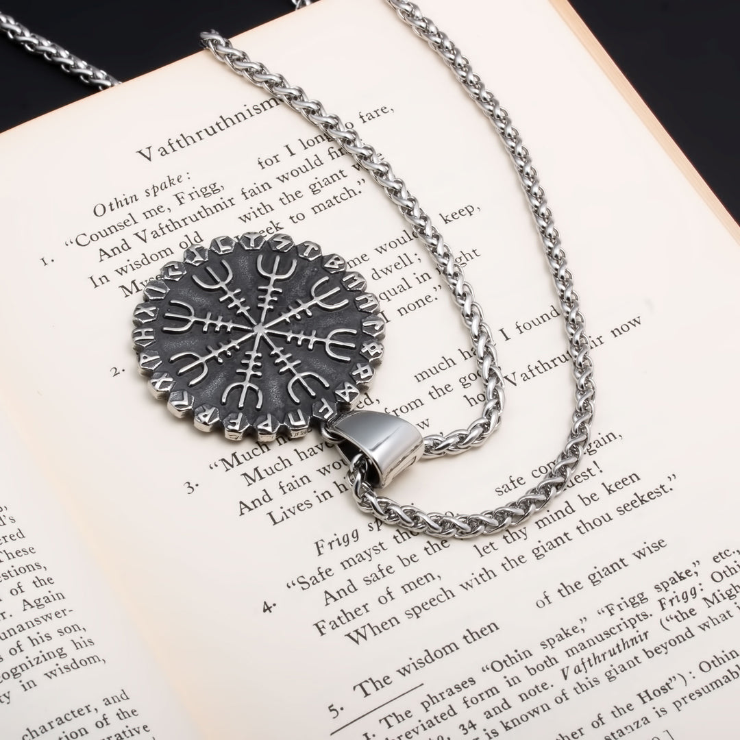Viking Helm of Awe Vegvisir Rune Stainless Steel Pendant Necklace