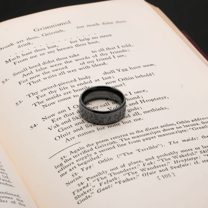 Viking Elder Futhark Rune Ring 8mm Band Ancient 316L Stainless Steel