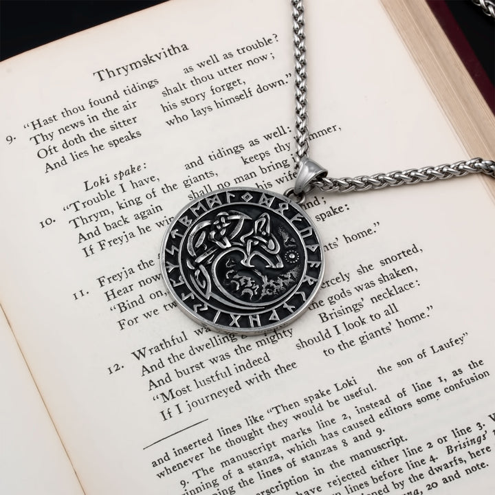 Fenrir Wolf Rune Pendant Necklace Stainless Steel Viking