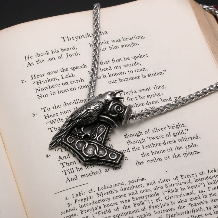 Viking Mjolnir Thor's Hammer Raven Stainless Steel Pendant Necklace