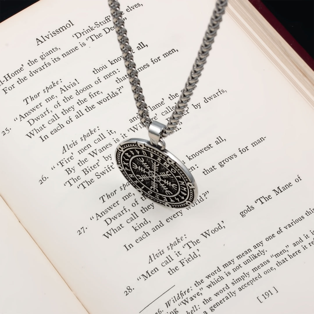 Helm of Awe Elder Futhark Rune Pendant Necklace 316L Stainless Steel Viking