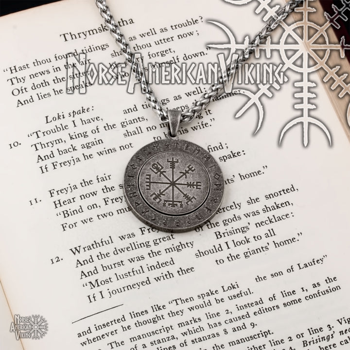 Viking Vegvisir Elder Futhark Rune Spinner Stainless Steel Pendant Necklace