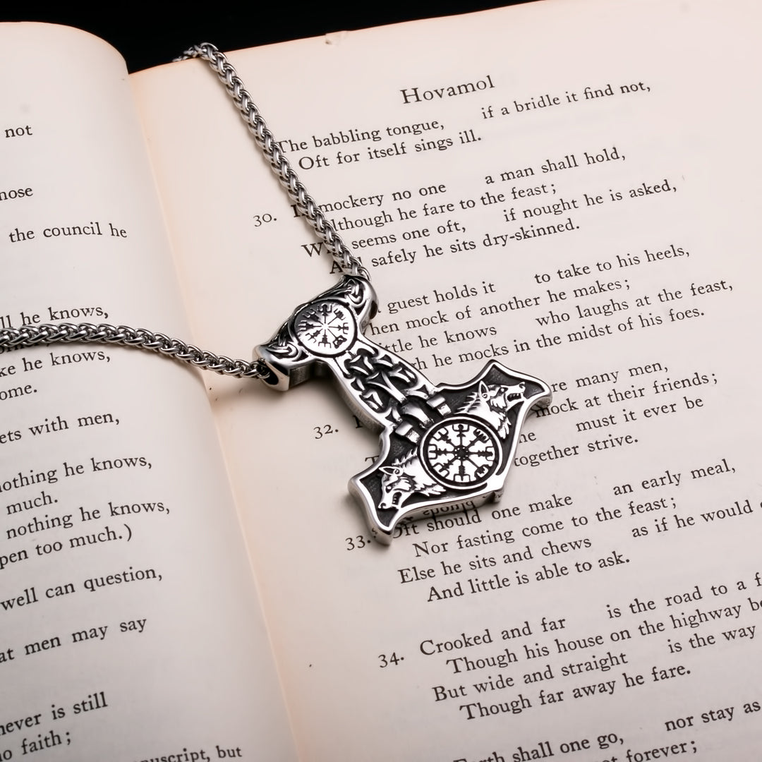 Viking Mjolnir Thor's Hammer Vegvisir Wolf Stainless Steel Pendant Necklace