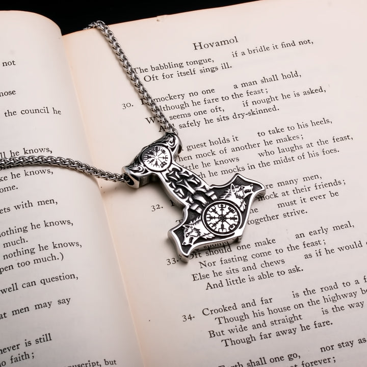 Viking Mjolnir Thor's Hammer Vegvisir Wolf Stainless Steel Pendant Necklace