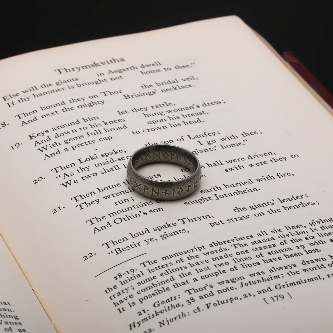 Viking Elder Futhark Rune Ring 7mm Band Ancient Grey 316L Stainless Steel