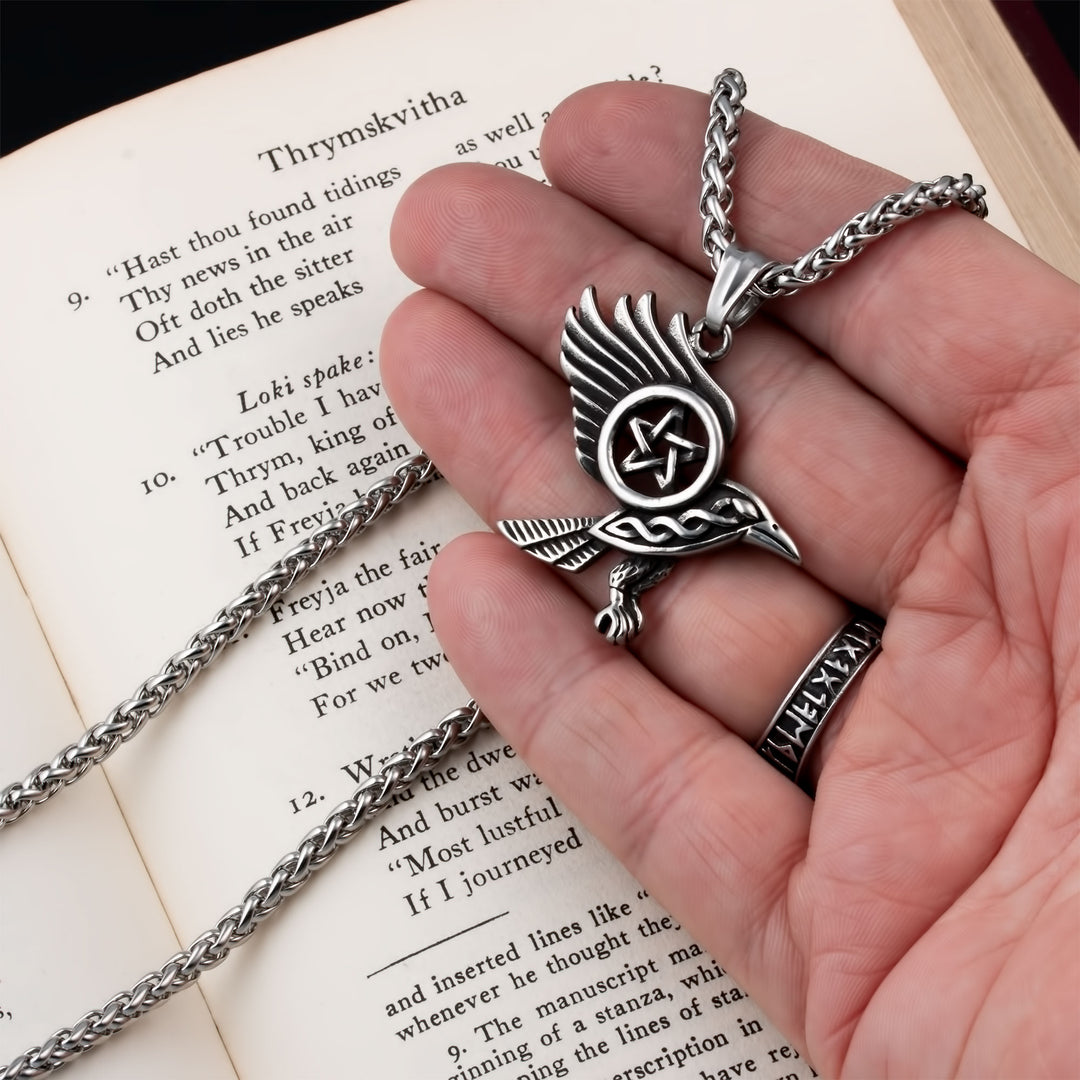Raven Pentagram Pendant Necklace Stainless Steel Viking