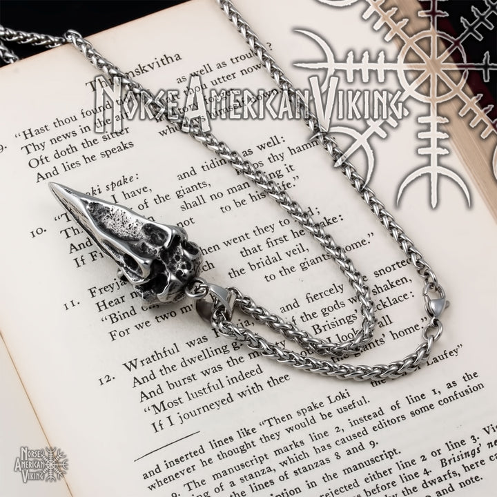 Viking Raven Skull Stainless Steel Pendant Necklace