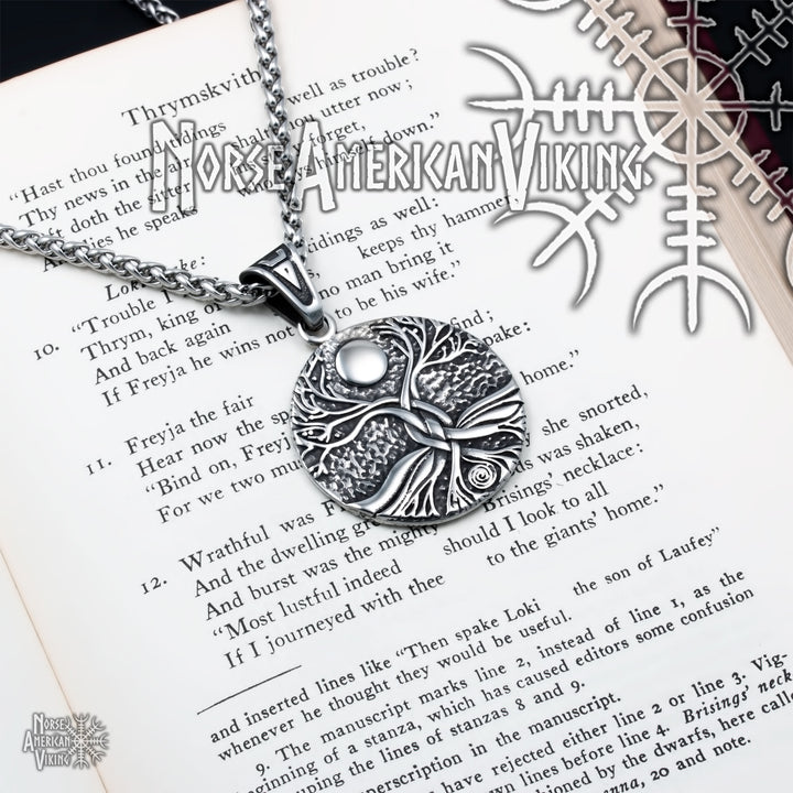 Viking Yggdrasil World Ash Tree Moon Stainless Steel Pendant Necklace