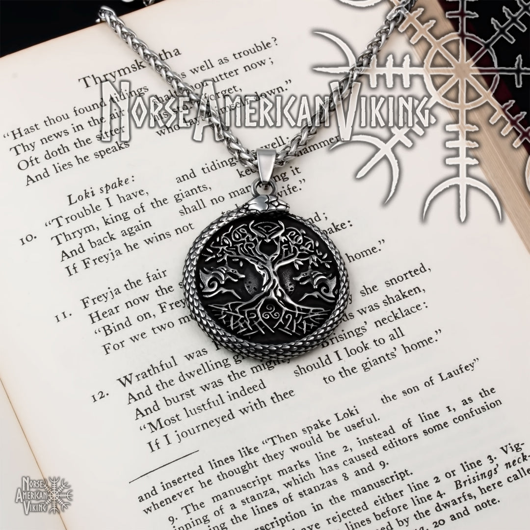 Viking Yggdrasil World Ash Tree Wolf Pentagram Stainless Steel Pendant Necklace