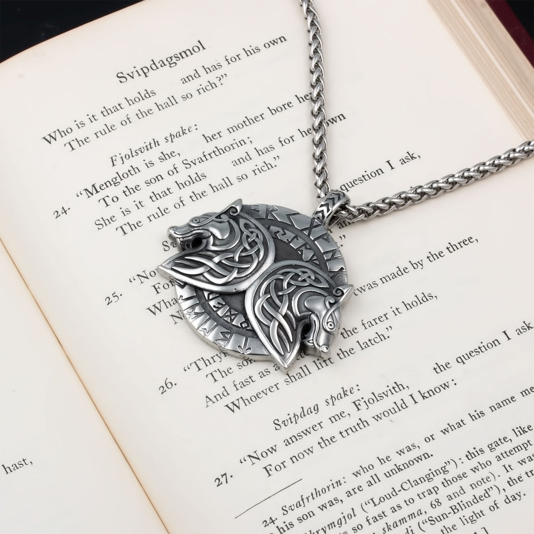 Geri and Freki Wolf Rune Pendant Necklace Stainless Steel Viking