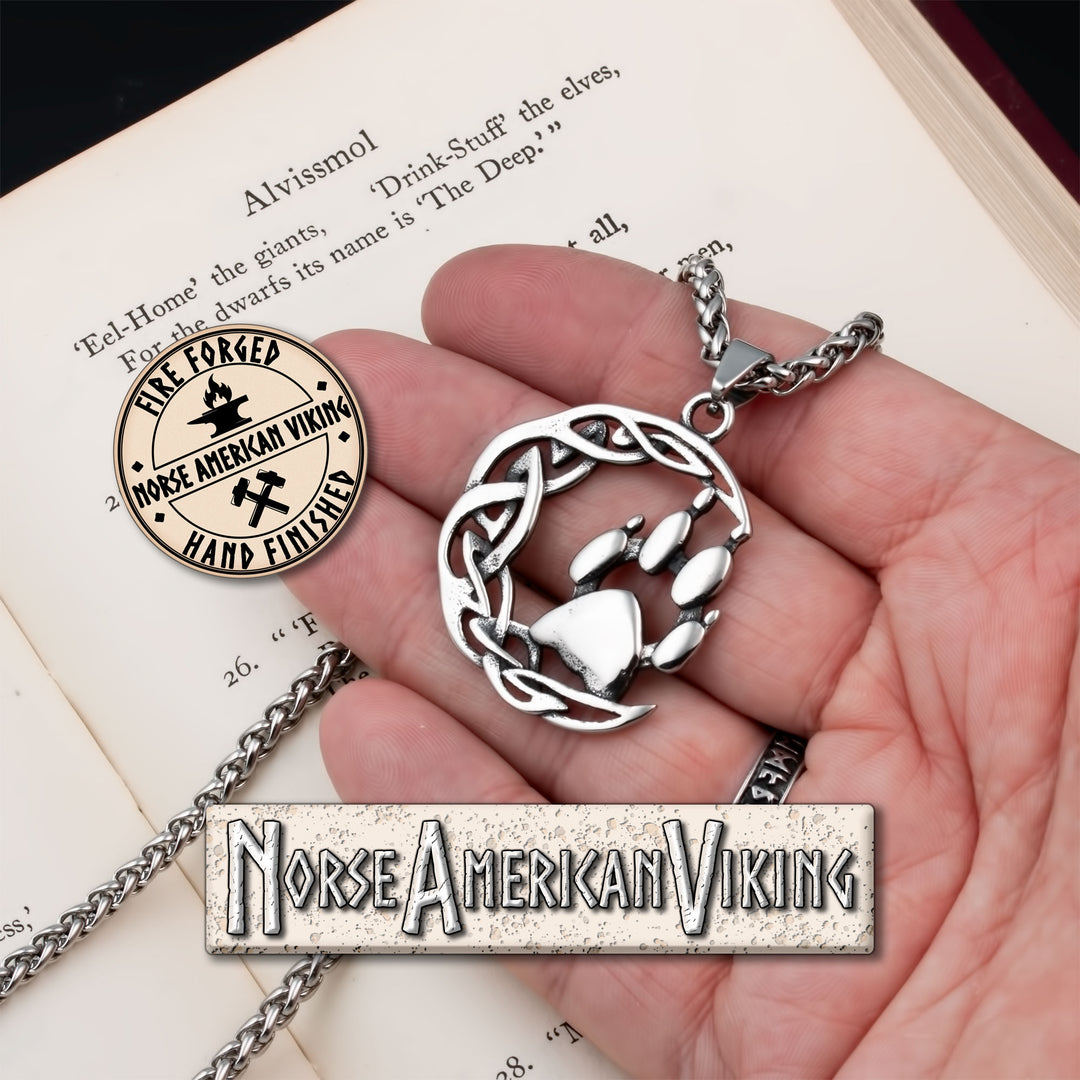 Viking Crescent Moon Wolf Paw Print Stainless Steel Pendant Necklace