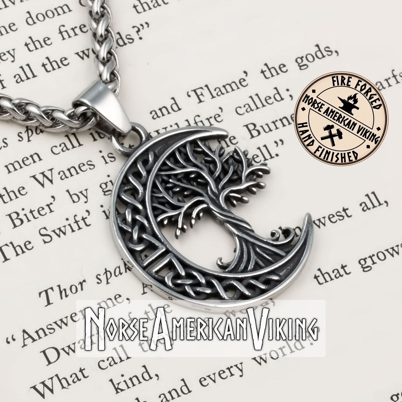 Viking Yggdrasil World Ash Tree Moon Stainless Steel Pendant Necklace