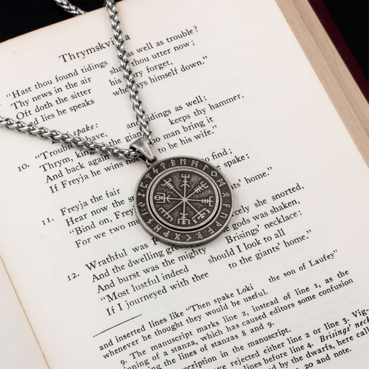 Vegvisir Elder Futhark Rune Spinner Pendant Necklace Stainless Steel Viking