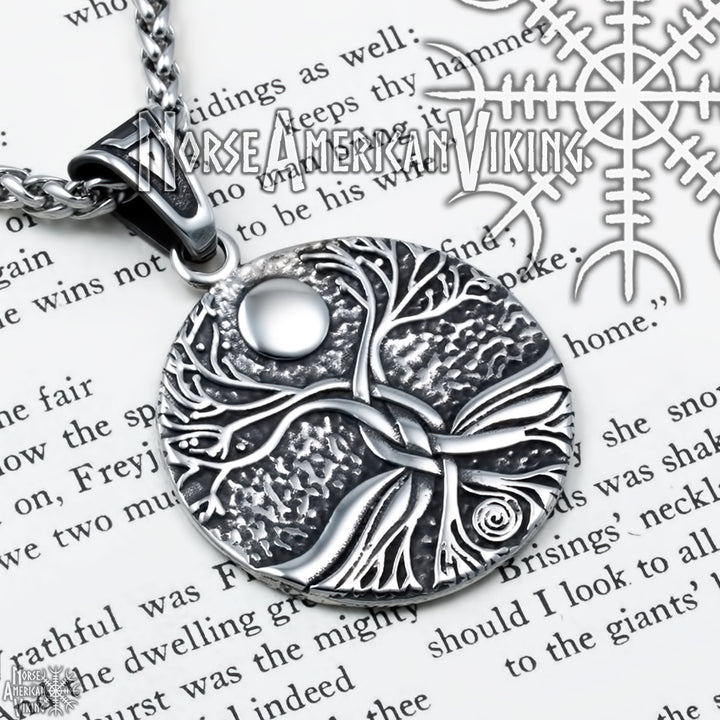 Viking Yggdrasil World Ash Tree Moon Stainless Steel Pendant Necklace