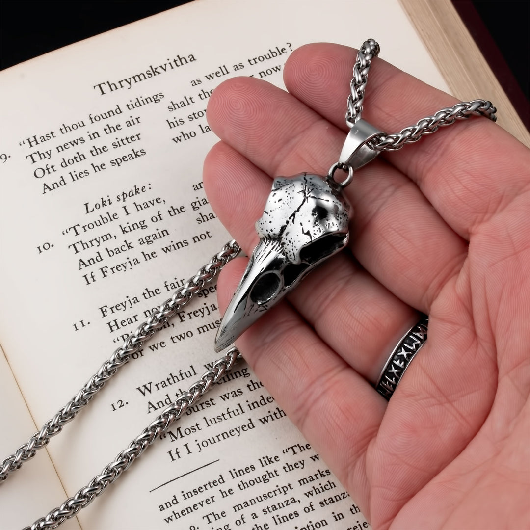 Raven Skull Pendant Necklace Stainless Steel Viking
