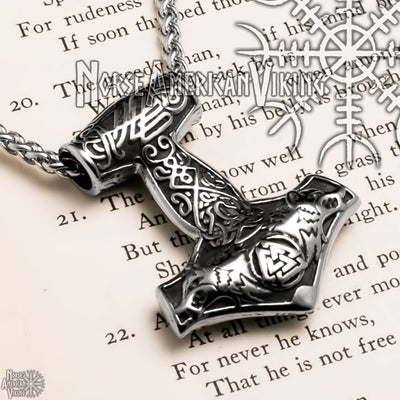 Viking Mjolnir Thor's Hammer Wolf Valknut Stainless Steel Pendant Necklace
