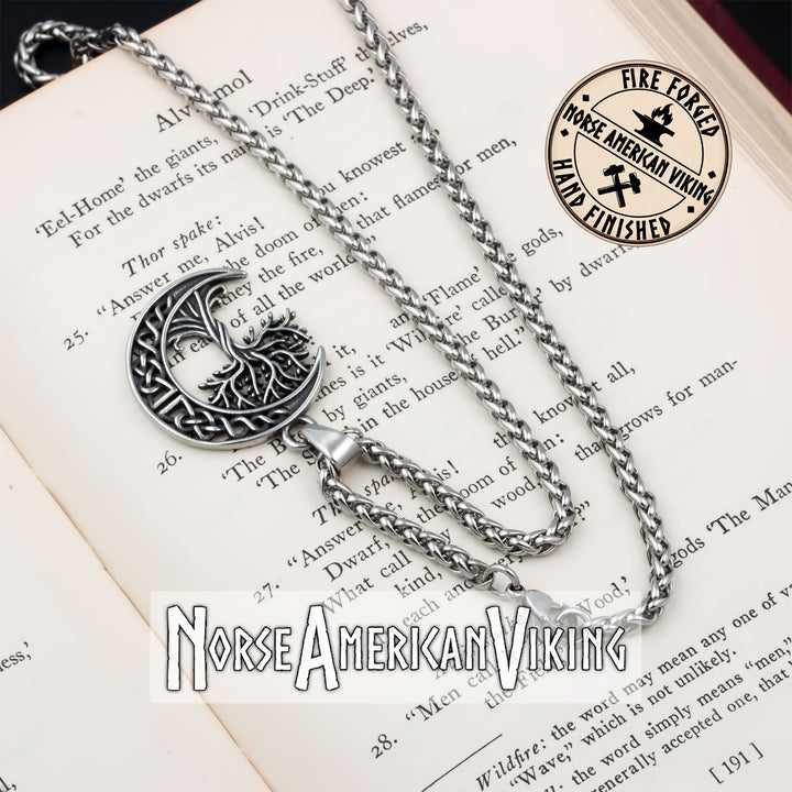 Viking Yggdrasil World Ash Tree Moon Stainless Steel Pendant Necklace