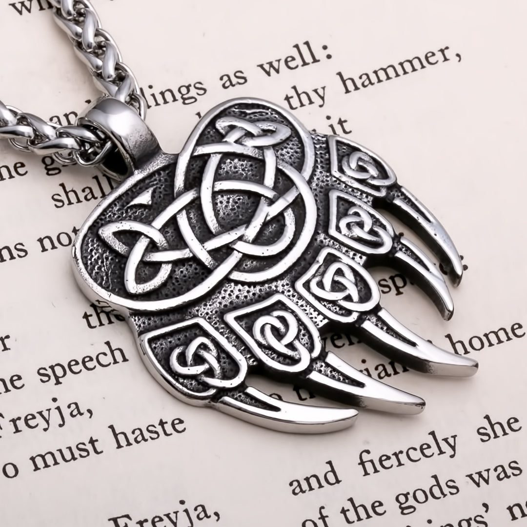 Bear Paw Trinity Knot Berserker Viking Pendant Necklace 316L Stainless Steel