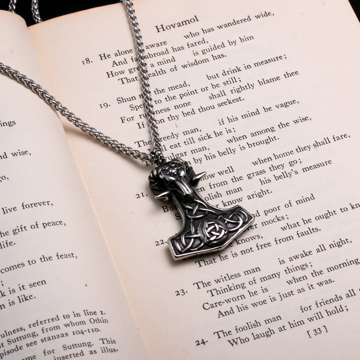 Viking Mjolnir Thor's Hammer Trinity Knot Goat Stainless Steel Pendant Necklace